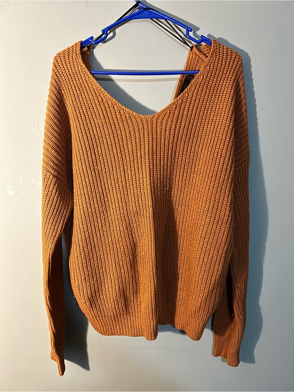 Love Tree orange ribbed knit off the shoulders sweater